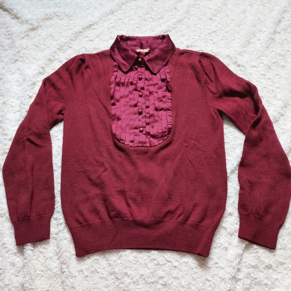 Teresia Brick Red Knit top satin neckline Small Career Work Dark Academia Fall
